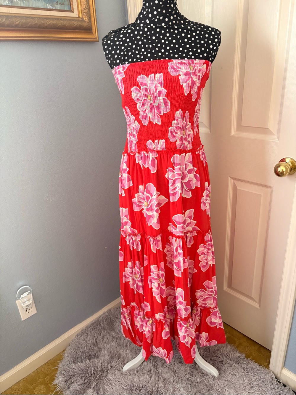 Strapless Red Floral Smocked Maxi Dress - Pink Bloom